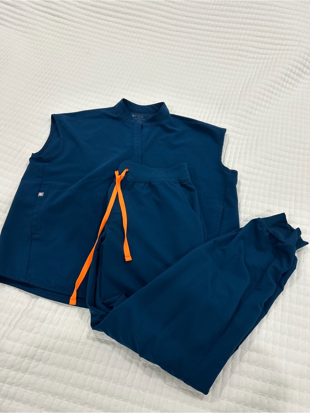 Figs Women's Navy Scrub Set with Bright Orange Drawstrings